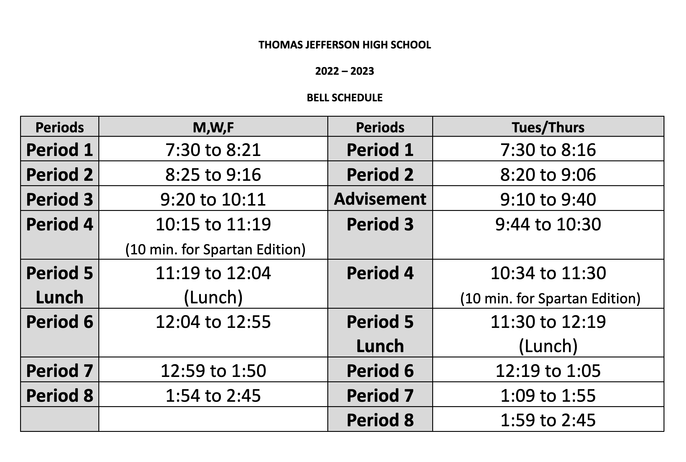 Hours & Schedule Thomas Jefferson High School